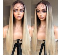 BrownBomb Perruque synthétique pré-épilée avec dentelle frontale sans colle HD pour femme, densité 180, 66 cm (blond ombré, 26)