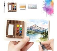 BRRDASJO Kit de Voyage Mini Palette Pigments, Coffret Peinture Aquarelle Portable, avec Couleurs, Boîte à en Bois, Livre, Pinces Reliure, Stylos, for Artistes et Débutants(8 Palette)