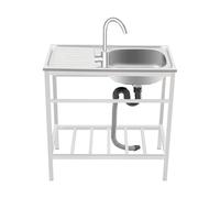BRRIDE Évier d'extérieur autoportant en acier inoxydable - 1 bac avec robinet d'eau chaude et froide et meuble bas - Meuble d'évier avec plan de travail pour restaurant, cuisine, garage
