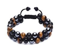 BRRNOO Bracelet œil de Tigre œil de Tigre Perle de Pierre Noire Cordon Extensible Double Couche Réglable Unisexe 15-20,5 Cm avec un Design Exquis pour Cadeaux Méditation équilibre