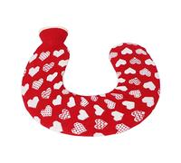 Brrnoo Sac D'eau Chaude en Forme de U 1L avec Housse Tricotée et Ruban pour Soulager les Douleurs du Cou et des épaules (Fond rouge avec coeur blanc)