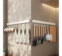 Brrnoo Support Mural pour Crochets de Cuisine dans l'espace, Solution de Rangement pour Outils en Aluminium avec 10 Crochets, Aucun Perçage Requis, Design Blanc Moderne pour un Accès Facile (10