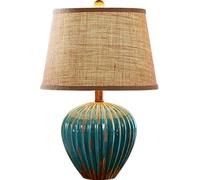 BRRSKBK Lampe de table en céramique nervurée bleue Lampe de table moderne du milieu du siècle pour le salon Lampe de bureau de nuit vintage Abat-jour en tissu Lampe de table de chevet de ferme rétro p