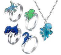 BRTNUP Lot de 4 bagues d'humeur avec 1 collier d'humeur, bagues d'humeur à changement de couleur et collier, motif dinosaure, bague sensible à la température, bijoux réglables pour fête quotidienne