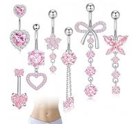 BRTNUP Lot de 7 piercings de nombril en acier inoxydable avec papillon et cœur hypoallergénique, taille unique, Acier inoxydable, Pas de gemme
