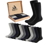 BRUBAKER 10 Paires de Chaussettes Homme Coton - Grand Set Business - Mi-bas de Costume Respirants en Boîte Cadeau - Coton Noir, Gris et Bleu Foncé - Taille 35-38