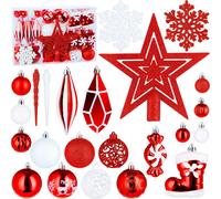 BRUBAKER 128-pièces Décorations de Noël - XXL Set de boules de Noël - Glaçon, Pendentif Diamant, Bonbon, Botte de Noël, Étoile de la pointe du sapin, Rouge