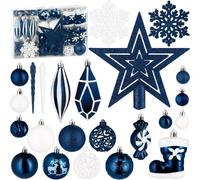 BRUBAKER 128-pièces Décorations de Noël - XXL Set de boules de Noël - Glaçon, Pendentif Diamant, Bonbon, Botte de Noël, Étoile de la pointe du sapin, Bleu