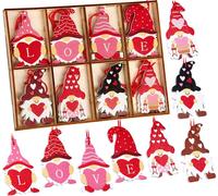 BRUBAKER 16 PCS. Dekoanhänger Love Zwerge Set - Pendentif en bois env. 6 cm - Coeur Pendentif Noël Amour - Décoration en bois pour l'arbre pour la Saint Valentin, Noël ou DIY décoration - Rouge Rose