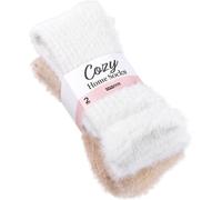 BRUBAKER 2 paires de chaussettes de lit moelleuses Beige Blanc - Chaussettes douillettes chaudes pour femmes - Chaussettes d'intérieur douces et respirantes - Chaussettes d'hiver, taille 39-42