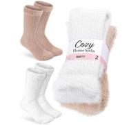 BRUBAKER 2 Paires de Chaussettes de Lit Moelleuses Beige Blanc - Chaussettes Douillettes Chaudes pour Femmes - Chaussettes d'Intérieur Douces et Respirantes - Chaussettes d'Hiver en Peluche - 39-42