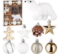 BRUBAKER 24 pcs. décoration d'arbre de Noël avec boule d'ours polaire - boule de Noël avec pomme de pin, pain d'épice en bois, étoiles scintillantes - blanc or marron