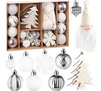 BRUBAKER 24 pcs. décorations de sapin de Noël blanc et argent - Boules de Noël avec lutins, sapins, flocons de neige et paillettes en bois et plastique