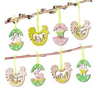 BRUBAKER 24 PCS. Pendentifs de Pâques - Pendentifs en bois d'environ 6 cm - Oeufs de Pâques, lapins de Pâques et poules Pendentifs de Pâques - Pendentifs de Pâques en bois pour le bricolage, les fêtes