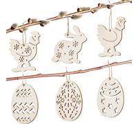 BRUBAKER 24 PCS. Pendentifs de Pâques - Pendentifs en bois d'environ 6 cm - Œufs de Pâques, lapins et poules Pendentifs de Pâques - Pendentifs de Pâques en bois pour le bricolage, les fêtes de Pâques