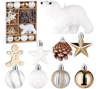 BRUBAKER 24 Pièces de Décoration d'arbre de Noël avec Boule Ours Polaire - Set avec Pomme de Pin, Pendentif Pain d'Épice en Bois, Étoiles Scintillantes et Boules d'arbre à Motif - Blanc, Or et Marron