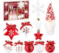 BRUBAKER 24 Pièces Décoration Arbre de Noël Rouge et Blanc - Set de Boules de Noël avec Nains de Lutins, Boules Joy et Peace, Flocons de Neige, Étoiles et Boules d'arbre avec Rubans Rouges