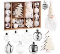 BRUBAKER 24 Pièces Décorations Arbre de Noël Blanc et Argent - Set de Boules de Noël avec des Nains de Lutin, des Sapins, des Flocons de Neige et des Boules d'arbre en Bois et Plastique