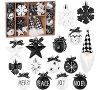 BRUBAKER 24 Pièces Décorations Arbre de Noël Noir et Blanc - Set de Boules de Noël avec Nains de Lutins, Flocons de Neige, Merry, Peace, Joy et Noel Boules d'arbre avec Boucles Noires - Blanc et Noir
