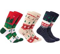 BRUBAKER 3 Paires de Chaussettes de Noël - Chaussettes Amusantes pour Femmes et Hommes avec Motifs de Noël - Motif Arbre de Noël Beige, Rouge et Bleu - Coton - Cadeau de Noël - EU 35-40