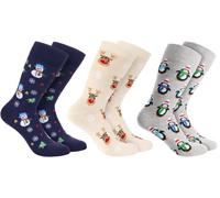 BRUBAKER 3 Paires de Chaussettes de Noël - Motif de Noël amusant Chaussettes en coton - Bonhomme de neige, renne et pingouins - Cadeau de Noël, EU 35-40