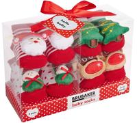 Brubaker 4 Paires de Chaussettes Bébé Garçons Filles 0-12 Mois - Set Cadeau Bébé dans un Emballage Cadeau avec Ruban - Chaussettes de Noël, Chaussettes Sneakers, Chaussettes Animales et Motifs Mignons