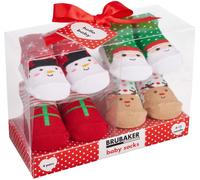 Brubaker 4 Paires de Chaussettes Bébé Garçons Filles 0-12 Mois - Set Cadeau Bébé dans un Emballage Cadeau avec Ruban - Chaussettes de Noël, Chaussettes Sneakers, Chaussettes Animales et Motifs Mignons