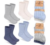 BRUBAKER 4 Paires de Chaussettes en Laine pour Enfants - Chaussettes d'Hiver Chaudes pour Garçons et Filles - Set en Laine de Mouton - Bleu Foncé, Gris, Bleu et Beige 31-34