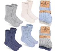 BRUBAKER 4 paires de chaussettes en laine pour enfants - Chaussettes d'hiver chaudes pour garçons et filles - Chaussettes d'hiver pour enfants, Bleu foncé Gris Bleu et Beige, taille 31-34