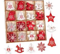BRUBAKER 48 PCS. Set de pendentifs de Noël - Décorations d'arbre rouge blanc en bois 3-4 cm - Chevaux à bascule étoiles cloches - Dekohänger Weihnachten - Pendentifs en bois arbre de Noël - Décoration