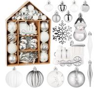 BRUBAKER 70 Boules de Noël - Set de Boules de Noël avec Locomotive, Bonhomme de Neige, Boules, Coeurs et Flocons de Neige - Boule de Noël Décorations Pendentif pour Arbre de Noël - Blanc Argenté