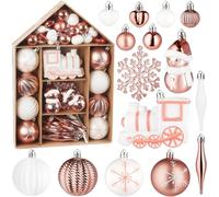 BRUBAKER 70 Boules de Noël - Set de Boules de Noël avec Locomotive, Bonhomme de Neige, Boules, Coeurs et Flocons de Neige - Boule de Noël Décorations Pendentif pour Arbre de Noël - Blanc Rosé Or