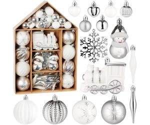 BRUBAKER 70 Boules de Noël - Set de Boules de Noël avec Locomotive, Bonhomme de Neige, Boules, Coeurs et Flocons de Neige - Boule de Noël Décorations Pendentif pour Arbre de Noël - Blanc Argenté