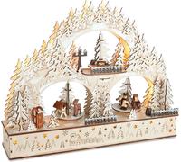 BRUBAKER Arc de lumière 3D - Arc de lumière LED - Paysage d'hiver 2024 - Illuminations de Noël en bois naturel - 37 x 46 x 10 cm - Personnages peints à la main