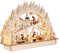 BRUBAKER Arc de lumière 3D - Arc de lumière LED - Promenade en traîneau dans la forêt - Illuminations de Noël en bois naturel - 22 x 32 x 9 cm - Personnages peints à la main