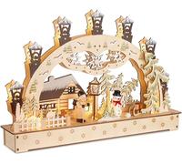 BRUBAKER Arc de Lumière 3D - Chalet de Noël dans la Forêt avec Lanternes - Eclairage LED de Noël en Bois Naturel - 27 x 40 x 7,5 cm - Figurines Peintes à la Main - Décoration pour Table et Fenêtre