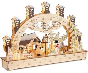 BRUBAKER Arc de Lumière 3D - Chalet de Noël dans la Forêt avec Lanternes - Eclairage LED de Noël en Bois Naturel - 27 x 40 x 7,5 cm - Figurines Peintes à la Main - Décoration pour Table et Fenêtre