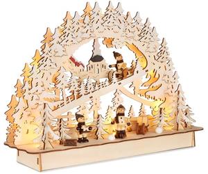 BRUBAKER Arc de Lumière 3D - Promenade en Traîneau dans la Forêt - Illuminations LED de Noël en Bois Naturel - 22 x 32 x 9 cm - Peint à la Main Décoration de Noël pour Table & Appui de Fenêtre