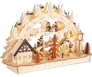 BRUBAKER Arc de Lumière 3D - Village dans Un Paysage d'hiver Enneigé - Illuminations LED de Noël en Bois Naturel - 27 x 45 x 12 cm - Peint à la Main Décoration de Noël pour Table & Appui de Fenêtre