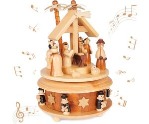 BRUBAKER Boîte à Musique en Bois - Crèche avec Jésus, Marie et Joseph - Mélodie : Douce Nuit - 19 cm Boîte à Musique Noël - Carrousel avec Étoile de Bethléem et Chanteur à l'Étoile - Brun Naturel