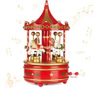 BRUBAKER Boîte à musique en bois Mélodie : Jingle Bells - Carrousel avec chevaux - 24 cm Boîte à musique Deko pour Noël - Décoration de Noël Boîte à musique - Rouge or