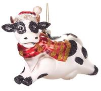 BRUBAKER Boule de Noël - Vache Portant Un Bonnet et Une Écharpe de Noël - Peinte à la Main et Soufflée à la Bouche - Décoration d'arbre de Noël Figurine Amusante - 11 cm