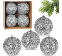 BRUBAKER Boules de Noël scintillantes - Set de 4 grandes boules de Noël scintillantes - 10 cm Boules de Noël incassables - Décorations de Noël en plastique, argentées