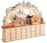 BRUBAKER Calendrier de l'Avent à Remplir - Village de Noël 2024 - Calendrier de Noël en Bois de 40 cm avec Éclairage LED et Arche- Village avec Enfants, Boulangerie, Chien et Forêt - Illuminé