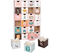 BRUBAKER - Calendrier de l'Avent réutilisable - 24 Tiroirs à remplir - Calendrier de Noël en Carton - Hauteur 32,5 cm - Rose/Animaux mignons