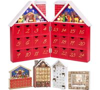 Brubaker Calendrier de l'Avent réutilisable en bois à remplir - Maison de Noël rouge avec crèche et éclairage LED - Calendrier de Noël DIY 21 x 9 x 30 cm