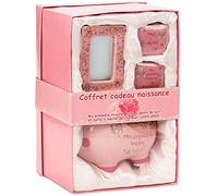 BRUBAKER - Coffret cadeau Bébé/Naissance - 4 Pièces - Ma première tirelire, Boîte à dents de lait, Boîte à mèche de cheveux & Cadre photo - Rose/Fille - Français