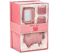 BRUBAKER - Coffret cadeau Bébé/Naissance - 4 Pièces - Ma première tirelire, Boîte à dents de lait, Boîte à mèche de cheveux & Cadre photo - Rose/Fille - Anglais