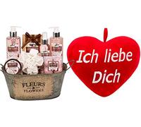 BRUBAKER Cosmetics Coffret cadeau 12 pièces - Ensemble bain et douche parfum noix de coco et fraise avec un cœur en allemand « Ich liebe Dich »