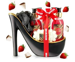 BRUBAKER Cosmetics - Coffret de bain & beauté de luxe - Fraise/Lait de coco - 6 Pièces - Escarpin décoratif - Noir/Doré - Idée cadeau Femme